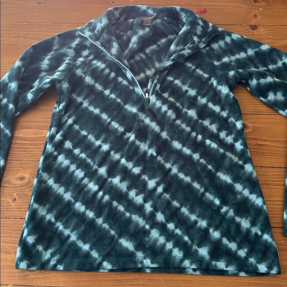Eddie Bauer Womens Teal‎ Blue Tie Dye Fleece Quarter Zip Pullover Sweater Small